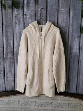 Camaieu Cream Knit Zip-Up Hooded Cardigan Sweater Size S
